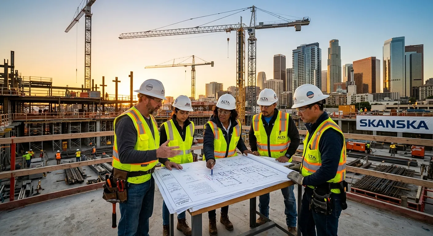 A professional, dynamic construction site at golden hour, featuring a diverse team of general contractors and project managers reviewing blueprints, with cranes and modern buildings in the background. Style: Professional, inspiring, high-resolution. Mood: Authoritative, collaborative, and forward-thinking.