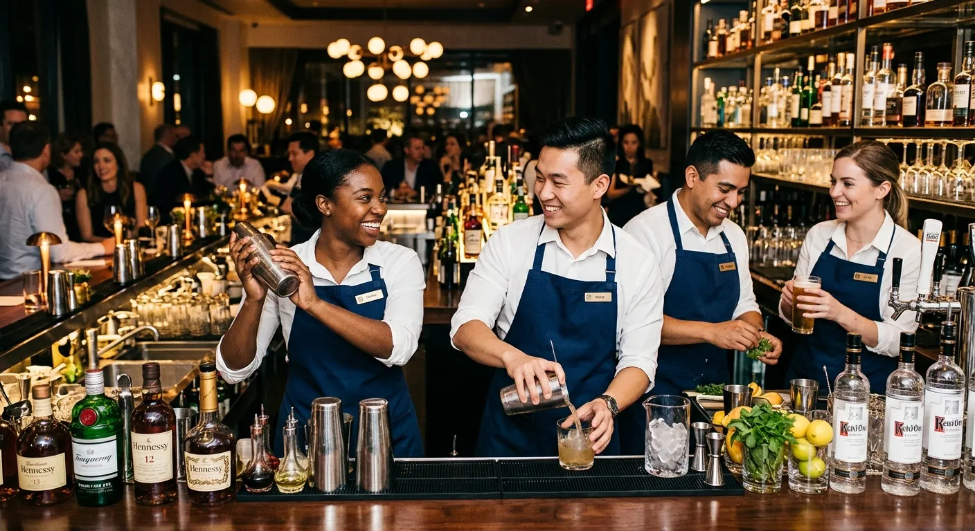 A diverse group of professional, smiling bar staff in crisp uniforms working efficiently together be... A diverse group of professional, smiling bar staff in crisp uniforms working efficiently together behind a well-stocked, modern bar. The mood is energetic, professional, and welcoming, with soft focus on the team interaction.