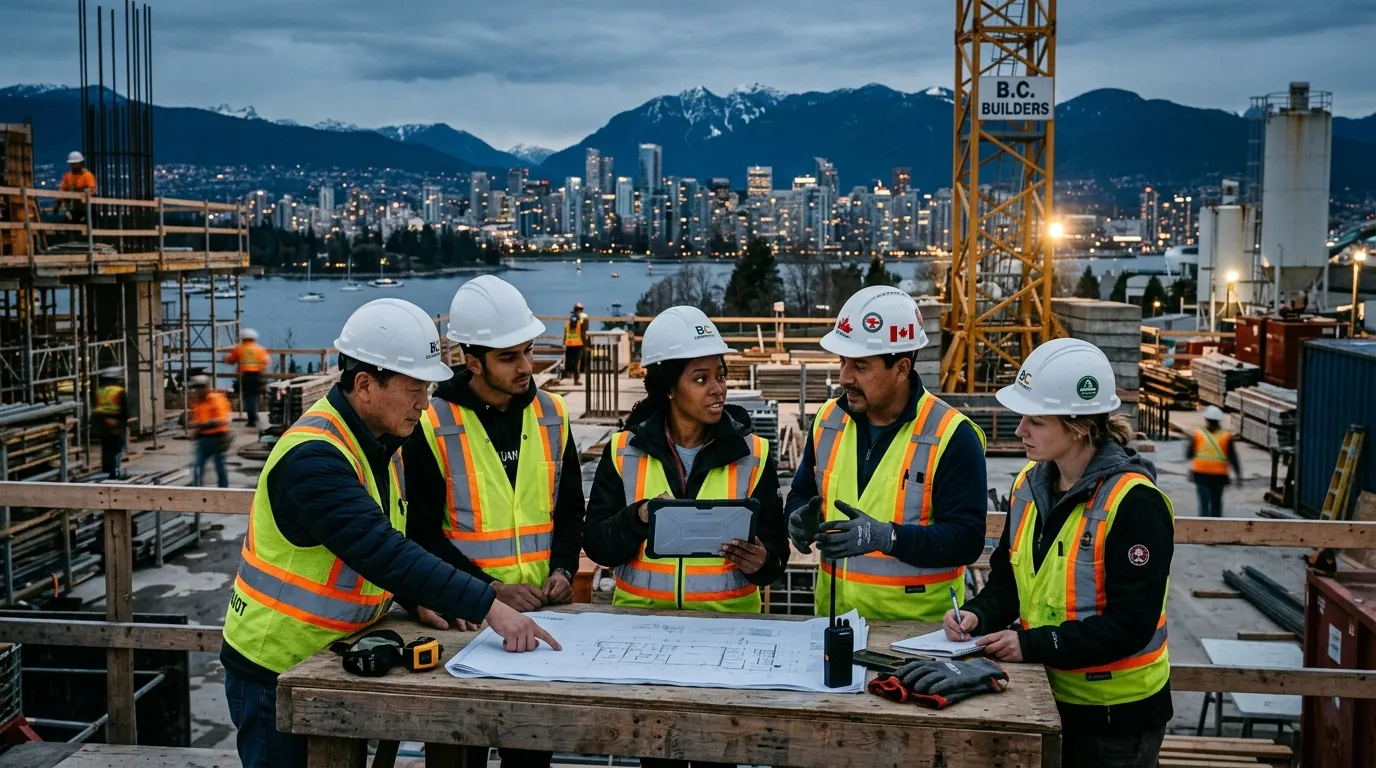 Professional hero image depicting a diverse, multicultural team of temporary foreign workers collabo... Professional hero image depicting a diverse, multicultural team of temporary foreign workers collaborating on a modern construction or industrial site in British Columbia, with mountains and city skyline in the background. Moody, professional lighting.
