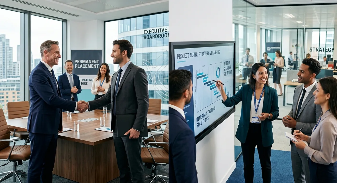 A professional, dynamic office scene. On the left, a business leader in a modern boardroom shakes ha... A professional, dynamic office scene. On the left, a business leader in a modern boardroom shakes hands with a candidate in a sharp suit (representing permanent placement). On the right, a team collaborates on a project plan on a digital screen with a temporary contractor (representing interim staffing). Style is crisp, high-contrast, and professional with a focus on connection and strategy.