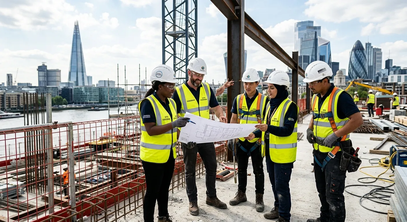 A dynamic, high-resolution hero image of a diverse team of construction workers in high-vis gear collaborating on a modern London construction site, with iconic city landmarks like The Shard in the soft-focus background. The mood is professional, productive, and energetic.