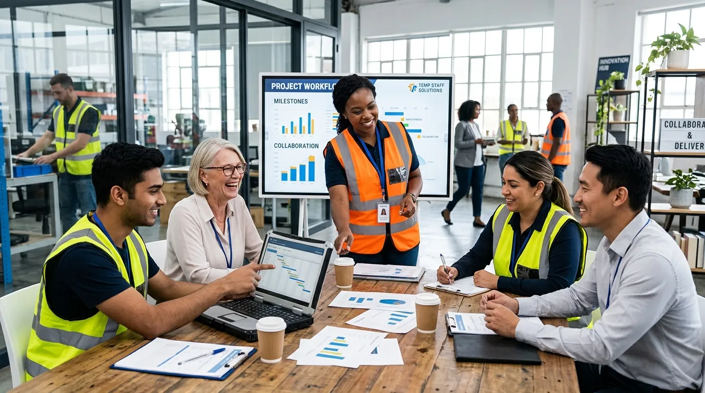 A dynamic, professional hero image showing a diverse group of temporary workers in high-visibility vests and office attire collaborating in a modern, bright workspace. The mood is energetic, efficient, and solution-oriented.