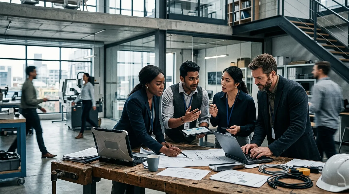 A dynamic, high-contrast hero image showing a diverse team of professionals in a modern office or in... A dynamic, high-contrast hero image showing a diverse team of professionals in a modern office or industrial setting, looking engaged and productive. The image should convey urgency and professionalism, with a slightly desaturated color palette to ensure text overlay readability.