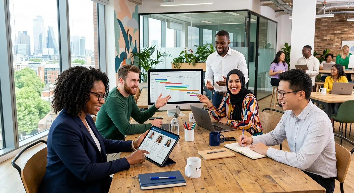A modern, diverse team of professionals collaborating in a bright office environment, with a manager... A modern, diverse team of professionals collaborating in a bright office environment, with a manager reviewing candidate profiles on a tablet. Professional, optimistic, and high-energy mood.