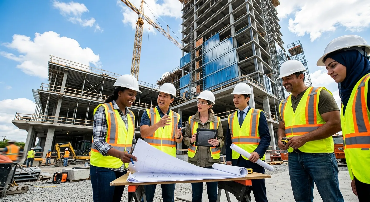 Professional, dynamic photo of a diverse team of construction workers and office professionals collaborating on a modern building site, shot from a low angle with a blue sky background, conveying partnership and action.