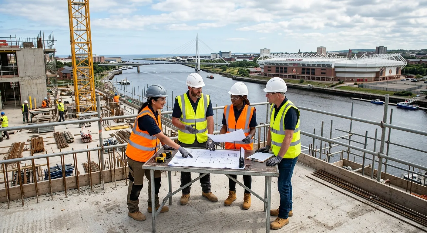 A professional, high-resolution image of a diverse team of construction workers in high-visibility vests collaborating on a modern building site in Sunderland, with the River Wear or the Stadium of Light visible in the background. Style should be realistic, inspiring, and convey teamwork and skilled labour.