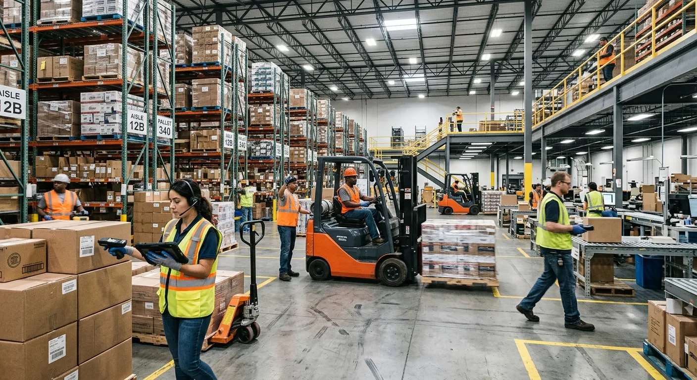 A dynamic, high-energy shot of a modern, well-organized warehouse in action. A diverse team of workers is operating forklifts, scanning barcodes on tablets, and managing inventory on high shelves. The image should convey efficiency, scale, and teamwork, with a slightly desaturated, professional tone.