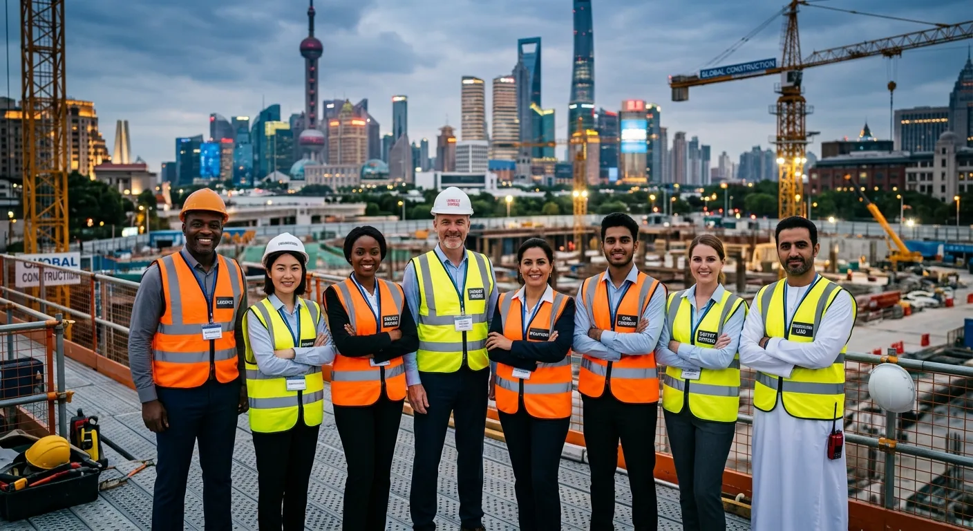 A diverse group of professional workers in high-visibility vests and business attire, looking confid... A diverse group of professional workers in high-visibility vests and business attire, looking confidently at the camera against a blurred background of an international city skyline and construction site, symbolizing global urgent hiring. Professional, dynamic, and aspirational mood.