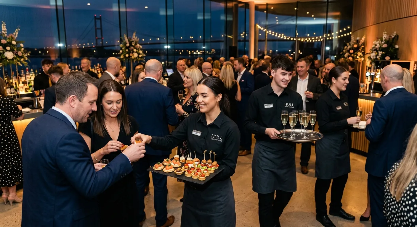 A professional, high-energy photo of a team of Event Catering Staff in smart black uniforms, efficiently serving canapés and drinks to guests at a stylish corporate event in Hull. The image should convey a sense of bustling activity, teamwork, and professionalism.