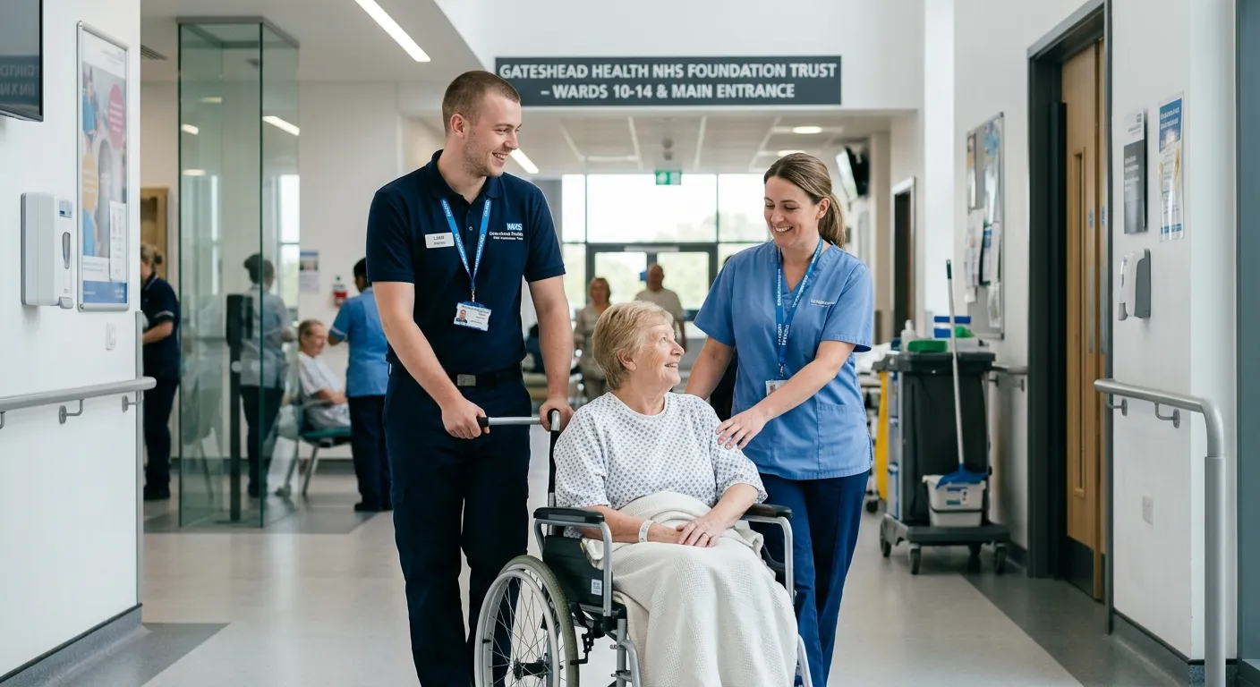 A professional, friendly Hospital Porter in a clean uniform assisting with patient transport in a br... A professional, friendly Hospital Porter in a clean uniform assisting with patient transport in a bright, modern hospital corridor in Gateshead, conveying a sense of purpose and teamwork.