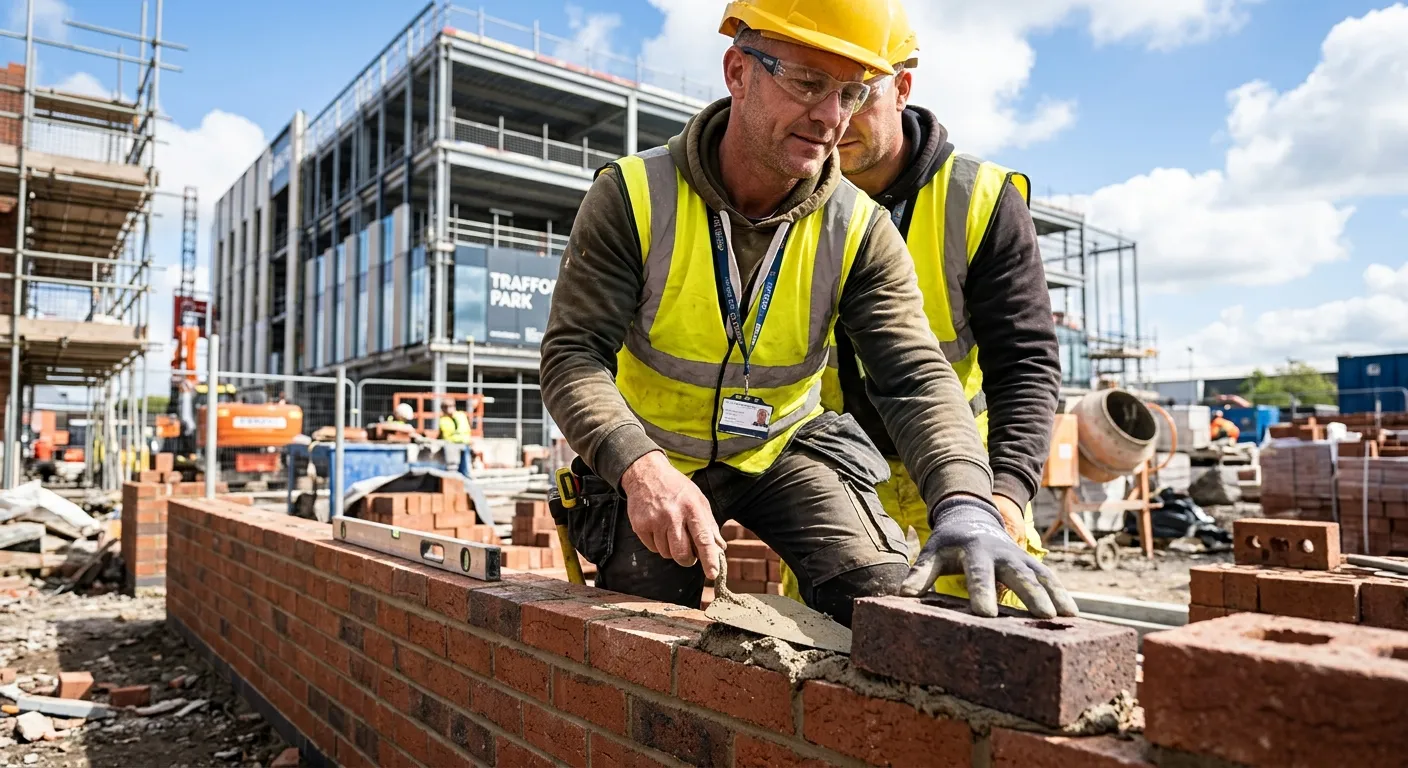 A professional, confident bricklayer in high-visibility PPE, laying bricks with precision on a moder... A professional, confident bricklayer in high-visibility PPE, laying bricks with precision on a modern construction site in Trafford Park. Bright, clear day, focus on skilled hands and quality workmanship.