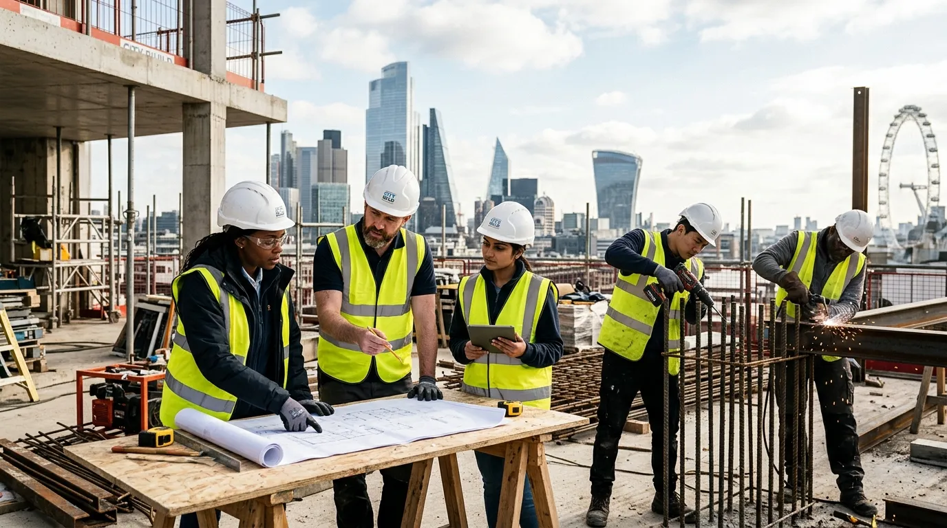 A high-contrast, professional hero image of a diverse construction team collaborating on a modern Lo... A high-contrast, professional hero image of a diverse construction team collaborating on a modern London building site, with iconic city landmarks subtly blurred in the background. Mood: Confident, efficient, and industrious.