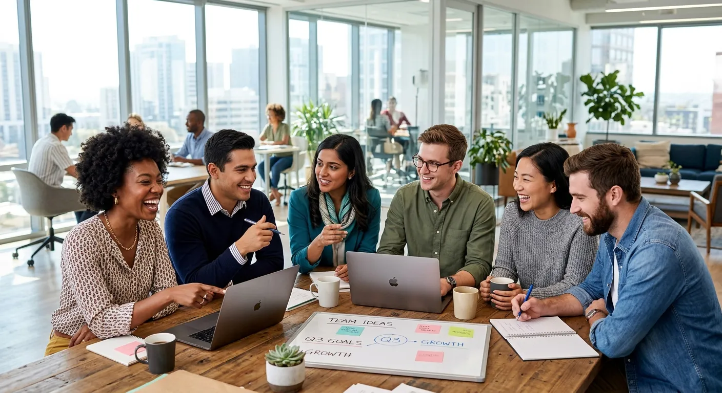 A diverse group of enthusiastic, young professionals in casual business attire, smiling and collabor... A diverse group of enthusiastic, young professionals in casual business attire, smiling and collaborating in a modern office environment. The style is bright, aspirational, and high-resolution, conveying energy and opportunity.
