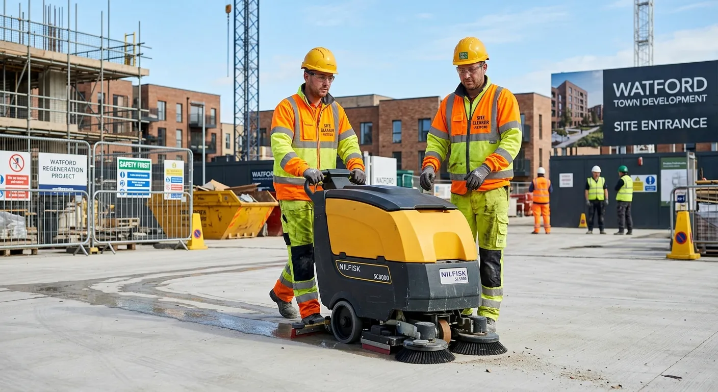 A professional, well-lit photograph of a Site Cleaner in high-visibility clothing, diligently using... A professional, well-lit photograph of a Site Cleaner in high-visibility clothing, diligently using industrial cleaning equipment on a tidy construction site in Watford. The image conveys professionalism, safety, and a job well done.