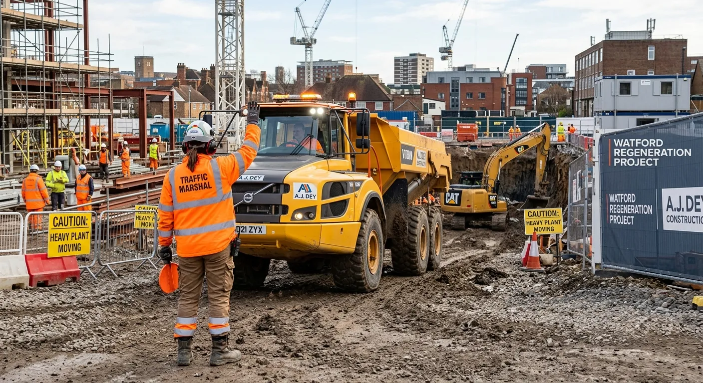 A professional Traffic Marshal/Banksman in high-visibility PPE, confidently directing a reversing construction vehicle on a busy, active site in Watford. The image should convey safety, authority, and a dynamic work environment.
