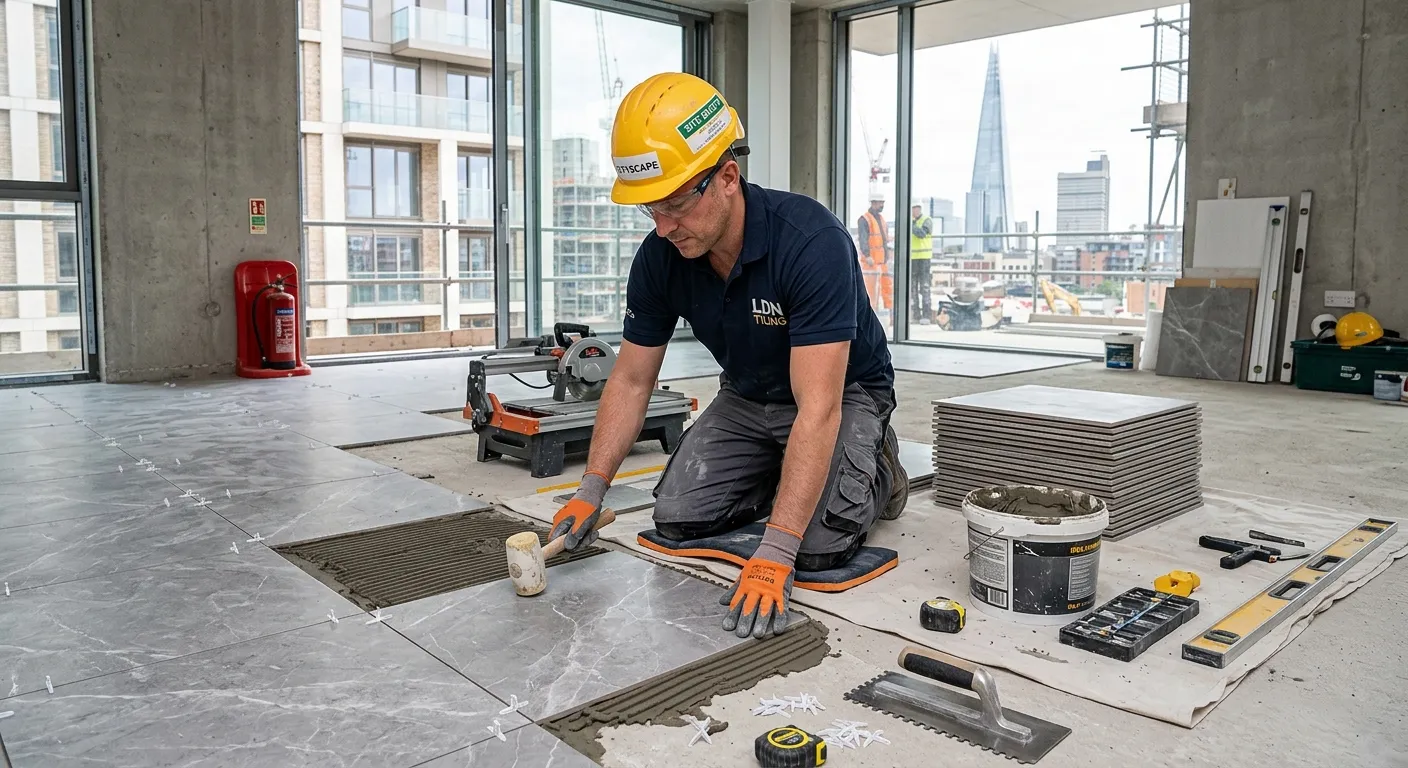 A professional Tiler at work on a modern construction site in London, meticulously setting floor til... A professional Tiler at work on a modern construction site in London, meticulously setting floor tiles, wearing safety gear, with a clean and organised workspace.