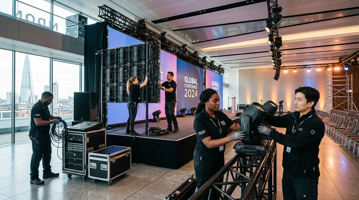 A dynamic, professional hero image showing a diverse team of event staff in action at a high-end London venue. They are setting up lighting and audio-visual equipment in a modern conference hall. The style is sharp, energetic, and conveys professionalism and teamwork.