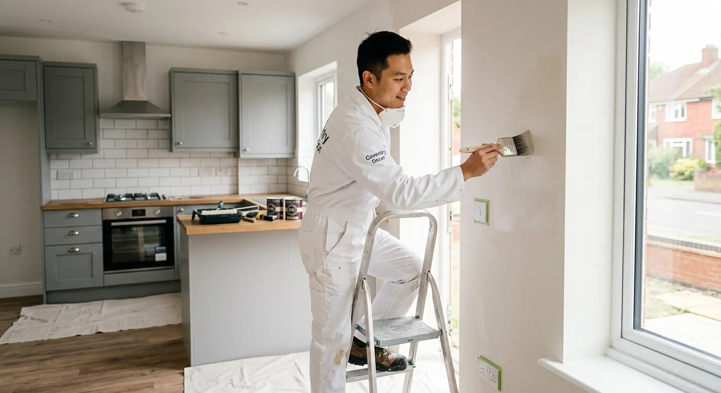 A professional painter decorator in clean overalls, expertly applying a final coat to a pristine interior wall in a modern Coventry home or commercial property, showcasing attention to detail and quality finish.