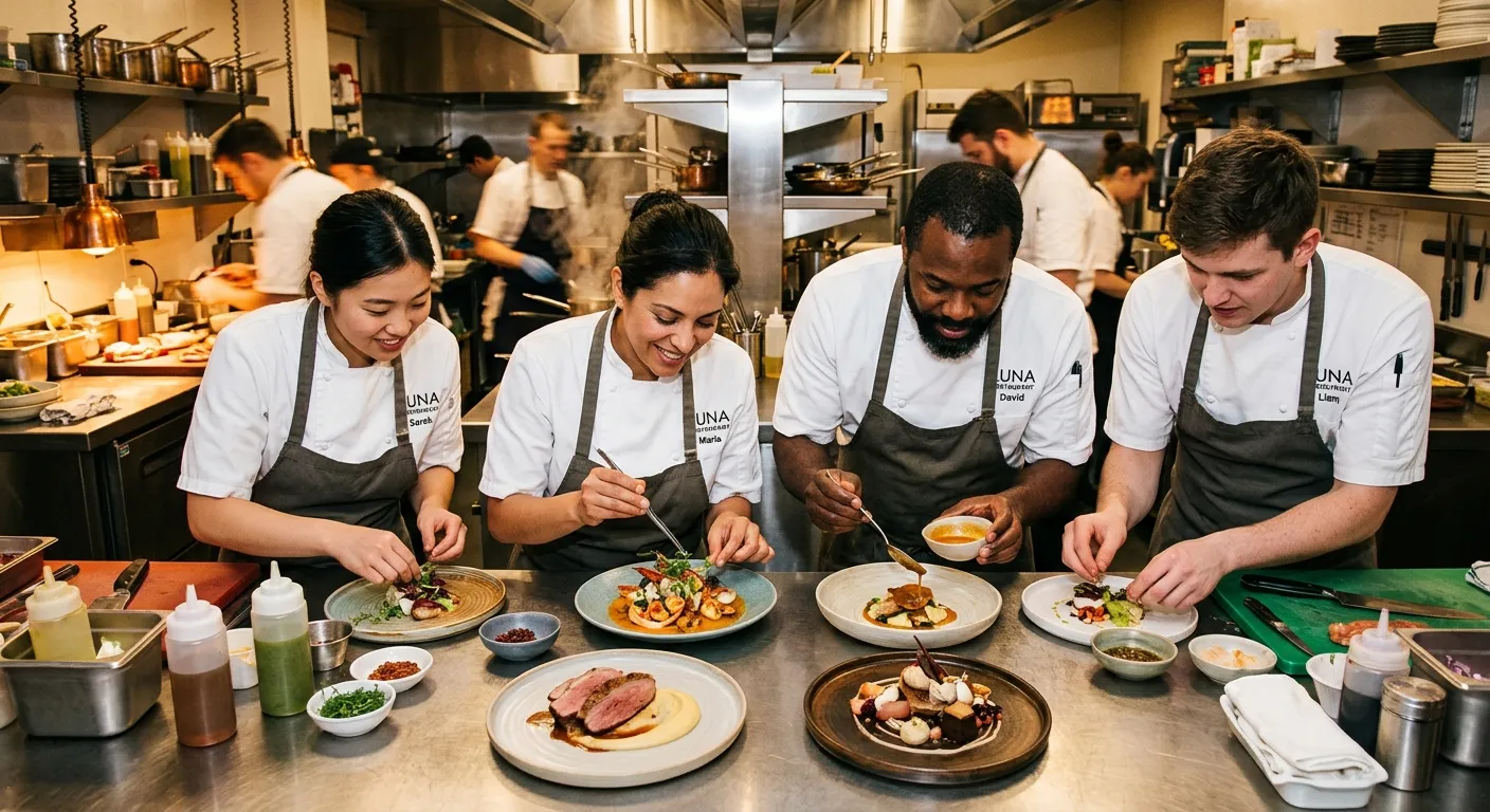 A dynamic, high-energy kitchen scene featuring a diverse team of chefs in crisp whites collaborating on a modern plating presentation. The mood is professional, fast-paced, and skilled.