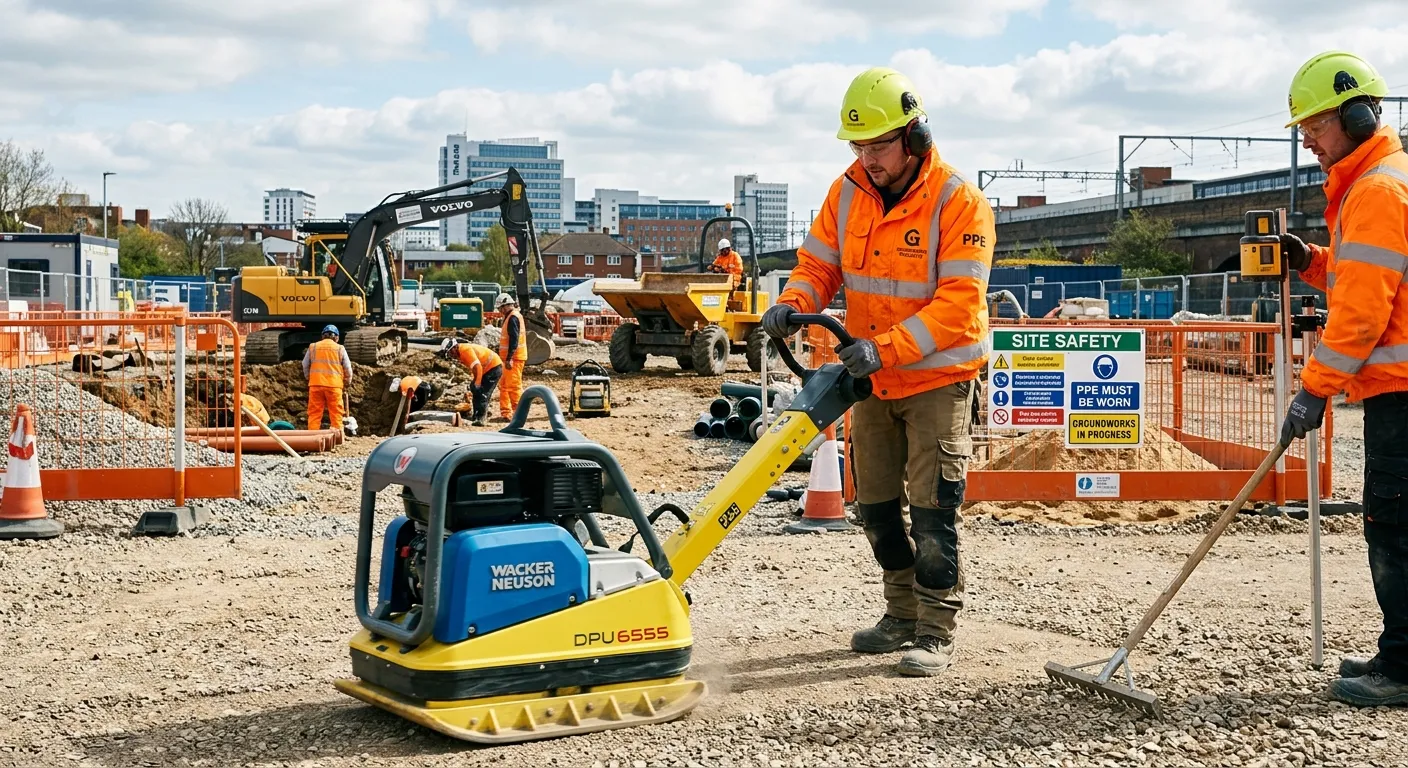 A professional, high-resolution photo of a skilled Groundworker in full PPE, safely operating a plat... A professional, high-resolution photo of a skilled Groundworker in full PPE, safely operating a plate compactor on a well-organised construction site in Reading, showcasing teamwork and modern equipment.