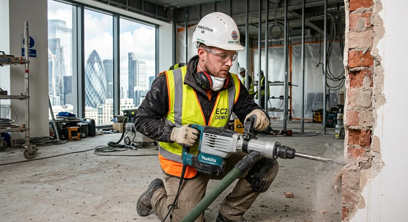 A professional, high-resolution image of a focused Demolition Operative in full PPE, including a har... A professional, high-resolution image of a focused Demolition Operative in full PPE, including a hard hat, hi-vis vest, and safety goggles, safely using a power tool on a controlled interior demolition project in a modern London EC2 building. The image should convey professionalism, safety, and skilled work.