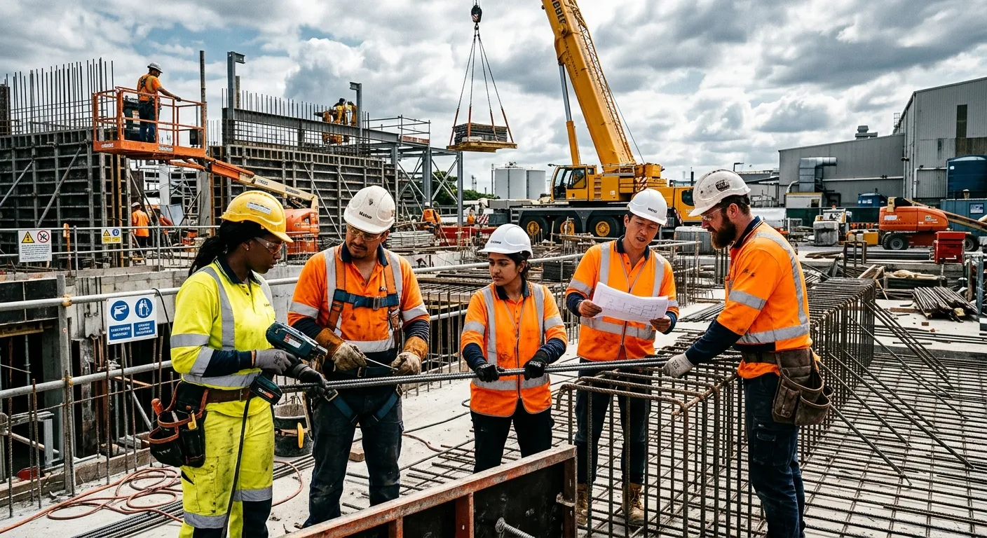 A high-contrast, professional photo of a diverse group of skilled labourers on an active constructio... A high-contrast, professional photo of a diverse group of skilled labourers on an active construction site, wearing high-visibility gear and collaborating. Industrial mood, sharp focus.