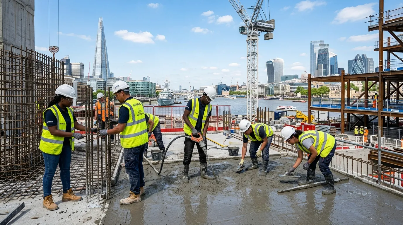 A wide-angle, professional shot of a diverse team of construction labourers working efficiently on a... A wide-angle, professional shot of a diverse team of construction labourers working efficiently on a modern London construction site, with iconic London landmarks like The Shard or Canary Wharf visible in the background. Bright, clear day, action-oriented mood.