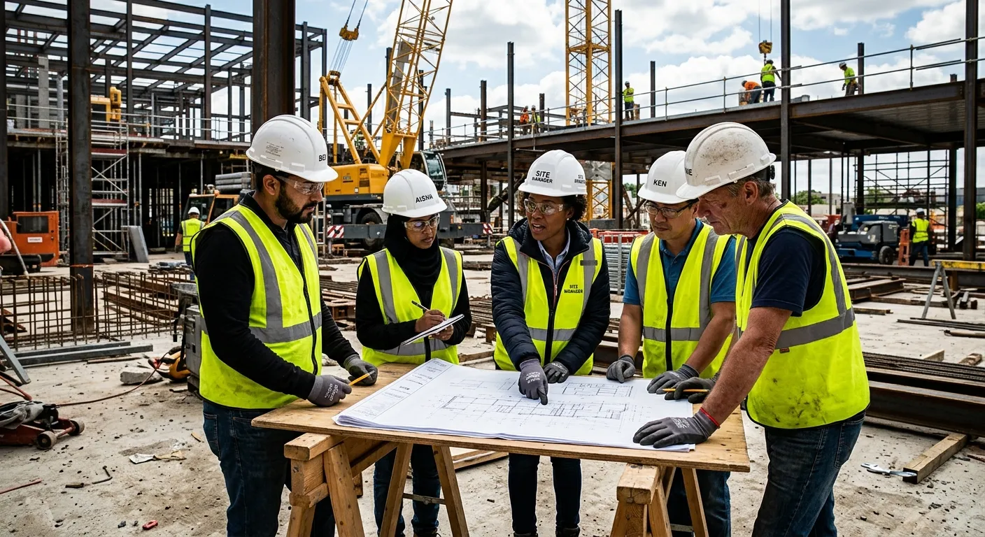 A dynamic, high-contrast photo of a diverse group of construction workers and a site manager in safety gear, reviewing plans on a modern construction site. The image should have an industrial, professional mood with sharp focus on the collaboration.