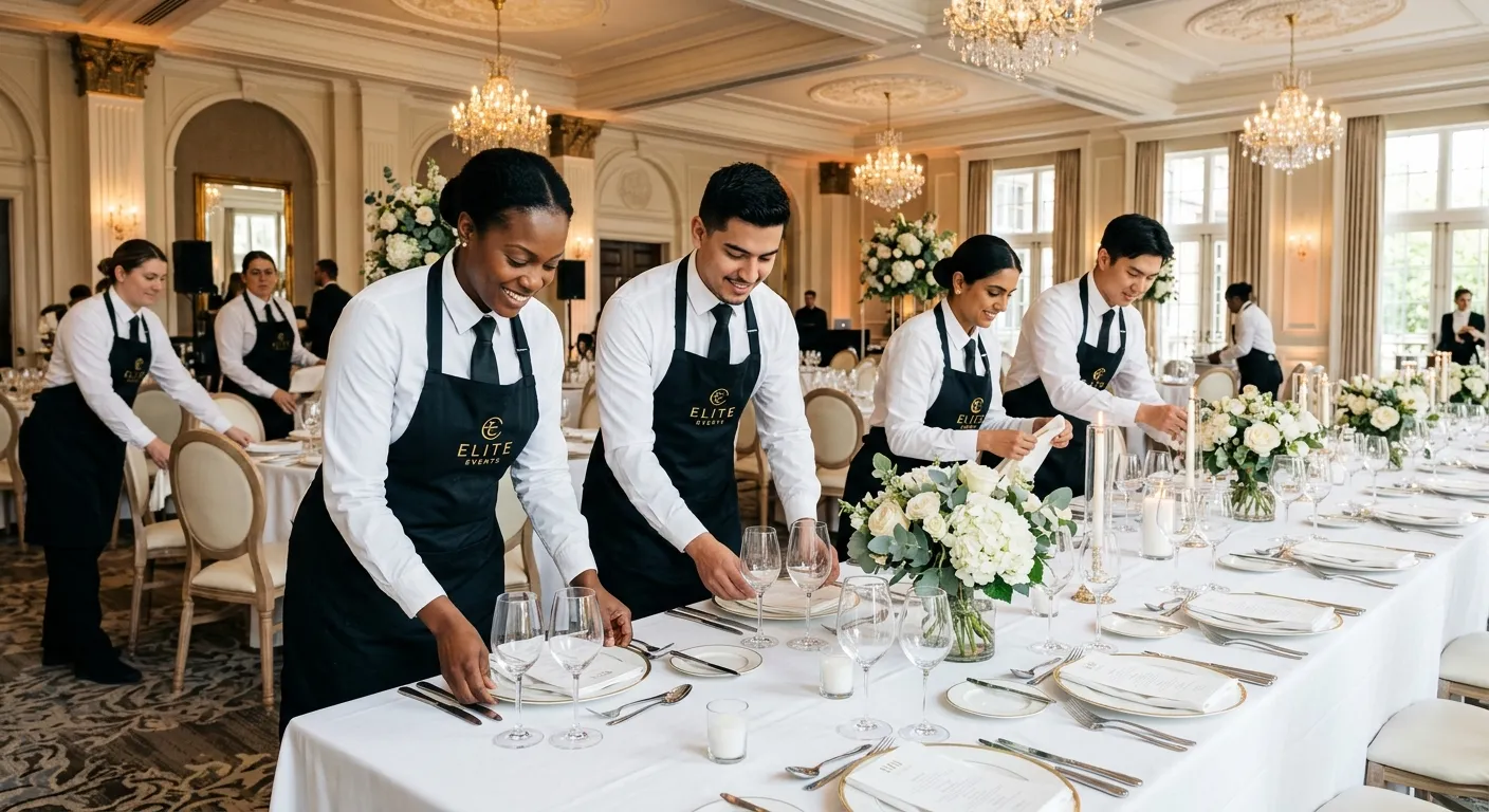A high-energy, professional photo of a diverse catering team in crisp uniforms, expertly setting up... A high-energy, professional photo of a diverse catering team in crisp uniforms, expertly setting up a banquet table at an elegant event. Focus on teamwork, precision, and the high-end ambiance. Style: modern, bright, and aspirational.