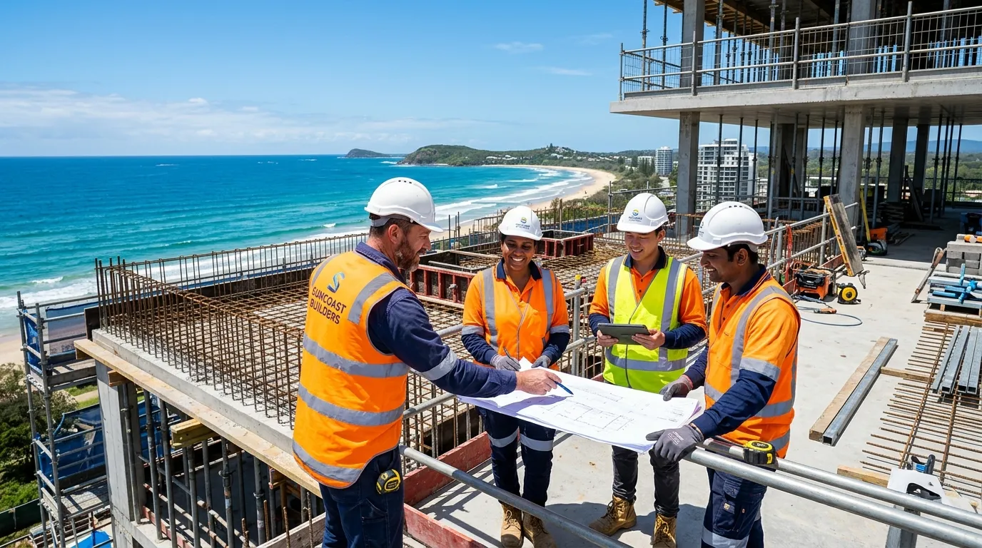 A dynamic, professional hero image of a diverse construction crew on a Sunshine Coast building site.... A dynamic, professional hero image of a diverse construction crew on a Sunshine Coast building site. They are wearing high-visibility vests and hard hats, collaborating on a structure with the coast and clear blue sky in the background. Style: realistic, vibrant, and inspiring.