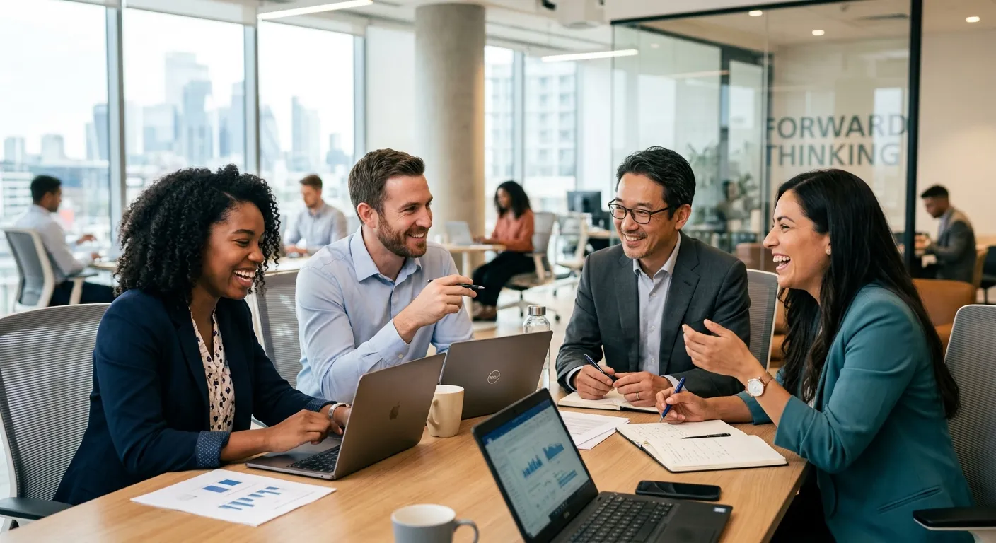 A dynamic, professional hero image showing a diverse group of business professionals in a modern office, collaborating around a table with laptops and documents. The style is bright, optimistic, and high-energy, with a slight blur to the background to focus on the people. Mood: professional, collaborative, and forward-thinking.