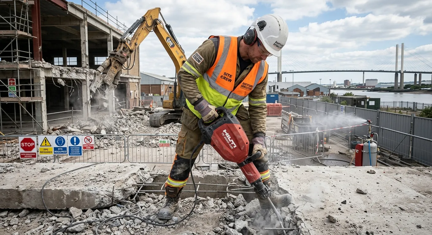 A dynamic, professional photograph of a Demolition Labourer / Operative in full PPE (hard hat, hi-vi... A dynamic, professional photograph of a Demolition Labourer / Operative in full PPE (hard hat, hi-vis vest, safety glasses) working on a controlled demolition site in Dartford. The worker is using a demolition hammer on a concrete slab, with a safe, organised site in the background. The image should convey safety, skill, and industrial action.