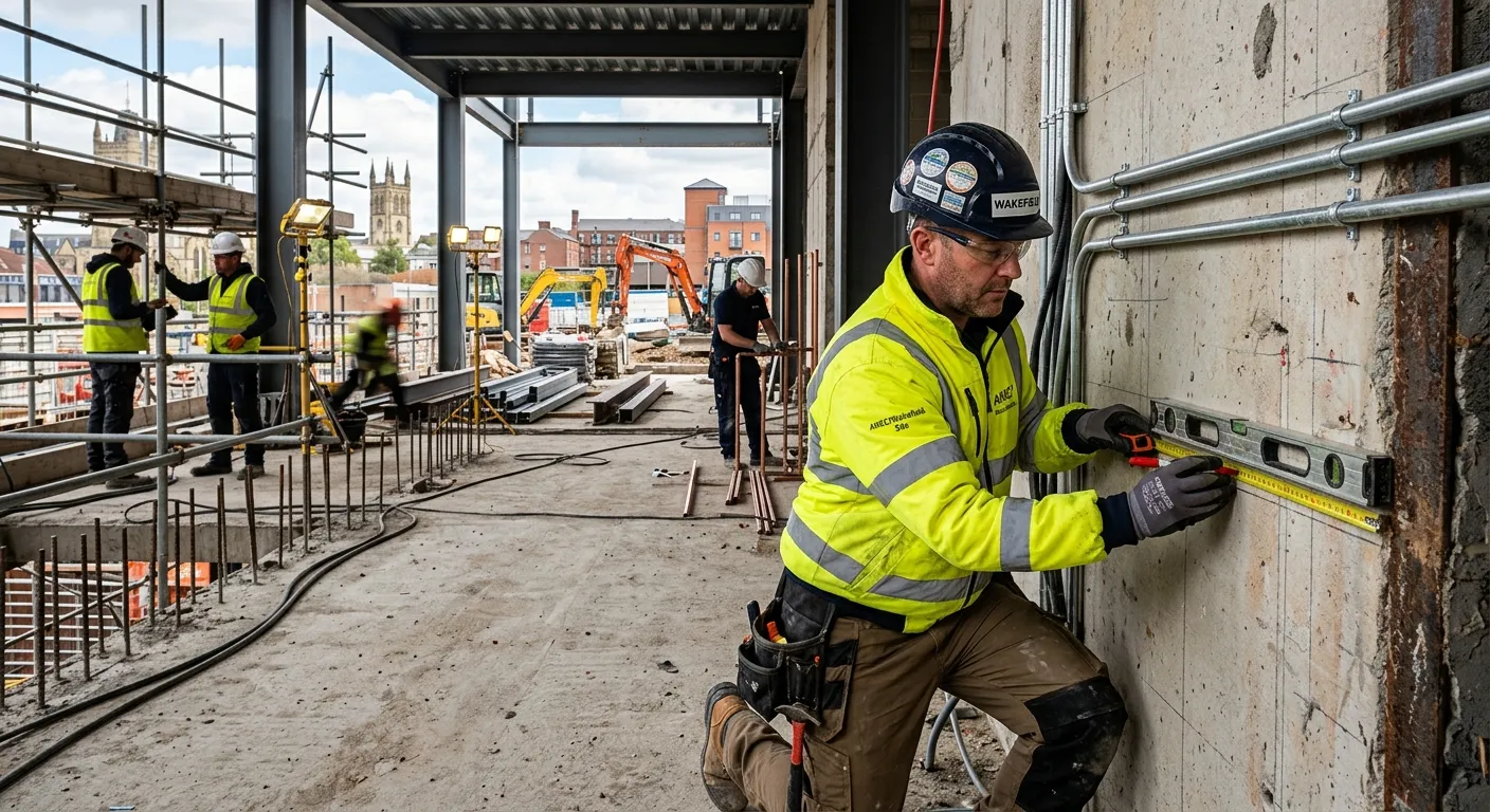 An electrician on a Wakefield construction site, wearing full PPE, carefully measuring and marking a... An electrician on a Wakefield construction site, wearing full PPE, carefully measuring and marking a wall for conduit installation, with other tradespeople visible in the background.