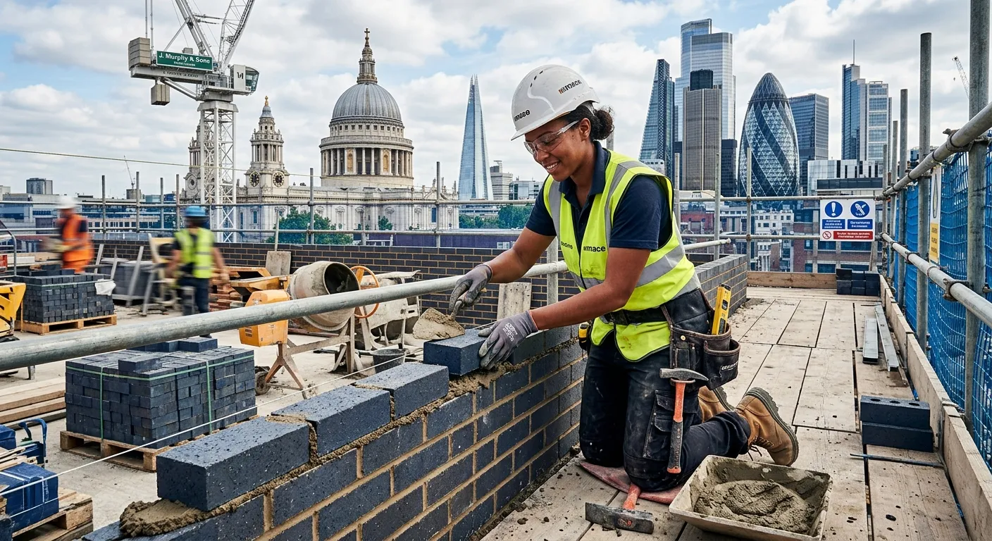 A professional, high-energy photo of a skilled bricklayer at work on a modern London EC4 construction site. The image shows precise brickwork, tools, and the urban skyline, conveying professionalism and immediate opportunity.