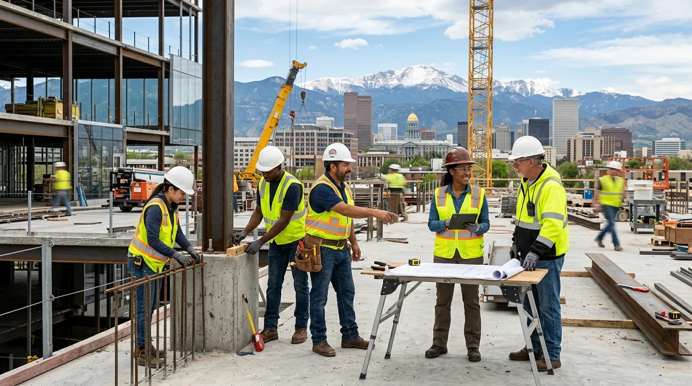 A dynamic, professional hero image showing a diverse team of skilled workers collaborating on a modern construction or industrial site in Denver, with the Rocky Mountains visible in the background, conveying energy, reliability, and partnership.