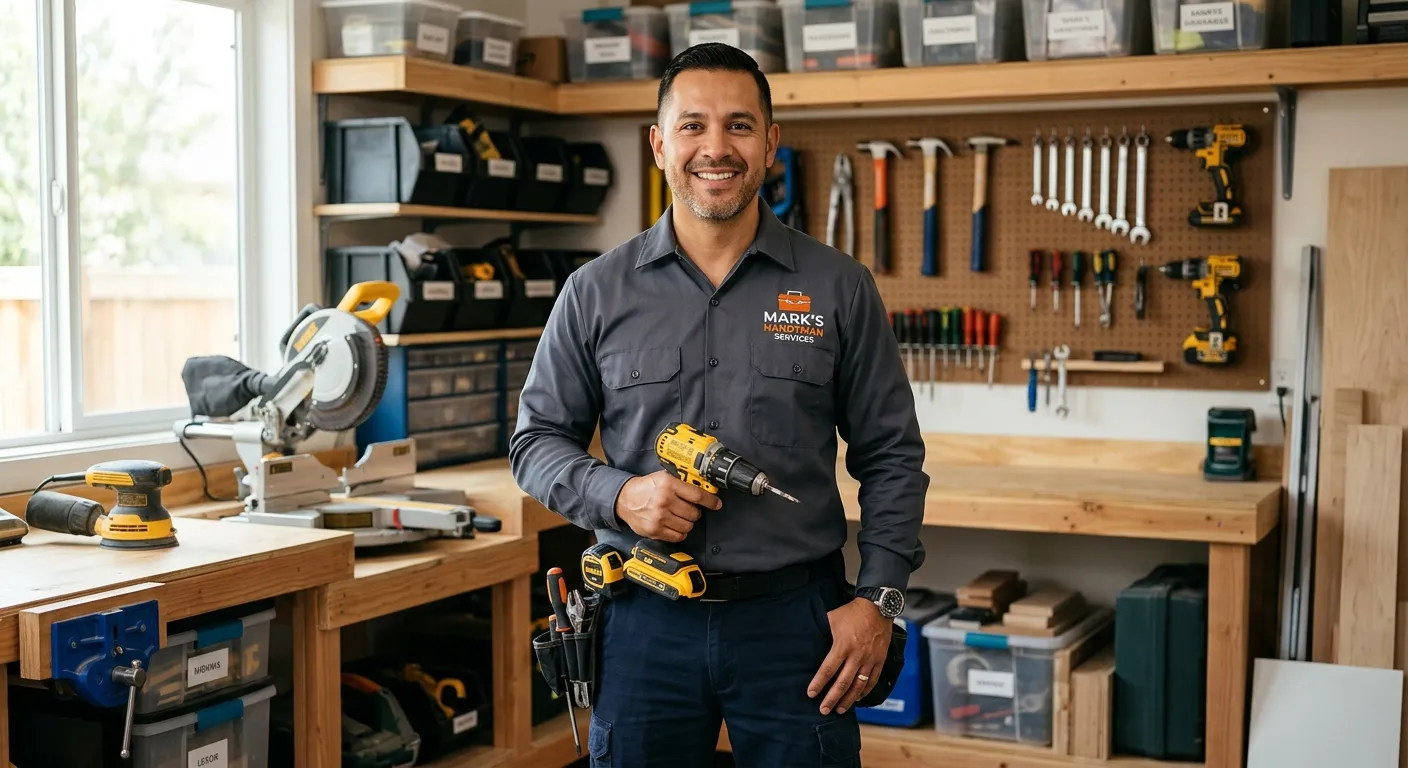 A professional, experienced handyman in a clean uniform, confidently smiling at the camera while hol... A professional, experienced handyman in a clean uniform, confidently smiling at the camera while holding tools, standing in a well-lit home workshop or a tidy site. Modern, high-resolution, professional tone.