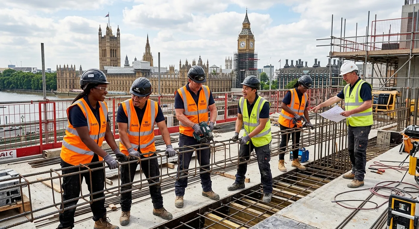 A professional, high-energy photo of a diverse group of construction labourers in high-visibility ve... A professional, high-energy photo of a diverse group of construction labourers in high-visibility vests, working collaboratively on a modern building site in Westminster, London. The image should convey professionalism, teamwork, and active work.