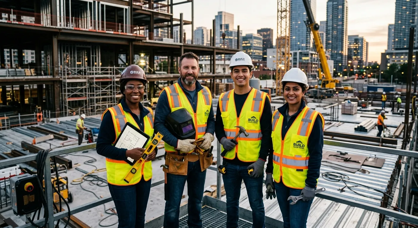 A diverse group of skilled tradespeople in high-visibility vests collaborating on a modern construct... A diverse group of skilled tradespeople in high-visibility vests collaborating on a modern construction site, looking confidently at the camera. The mood is professional, empowering, and forward-looking.