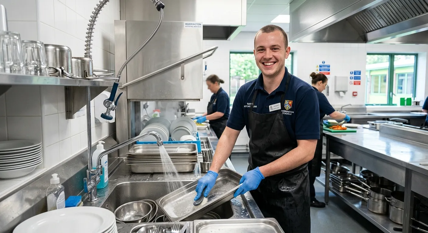 A professional, clean school kitchen environment in Warrington, with a friendly kitchen porter in un... A professional, clean school kitchen environment in Warrington, with a friendly kitchen porter in uniform washing dishes and smiling, conveying a positive and hygienic workplace