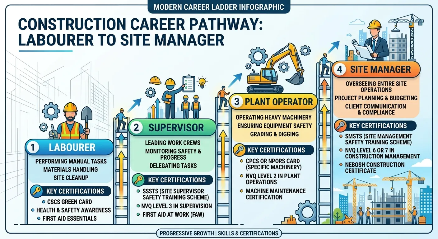A visual career ladder infographic showing steps from Labourer to Supervisor to Plant Operator to Si... A visual career ladder infographic showing steps from Labourer to Supervisor to Plant Operator to Site Manager, with icons for each role and key certifications needed.