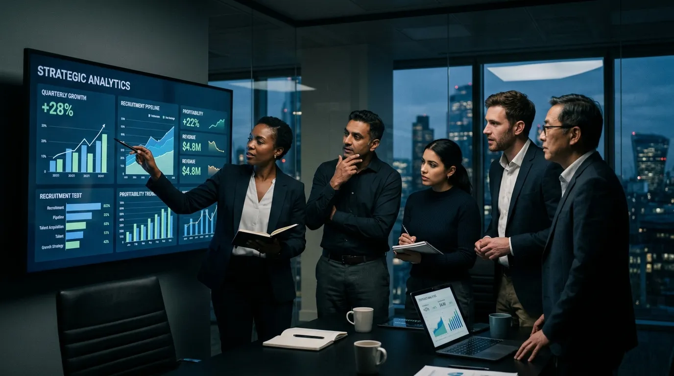 A professional, high-contrast hero image depicting a diverse team of business professionals in a modern office, reviewing analytics on a large screen, symbolizing strategic recruitment and profitability. Moody, focused lighting.