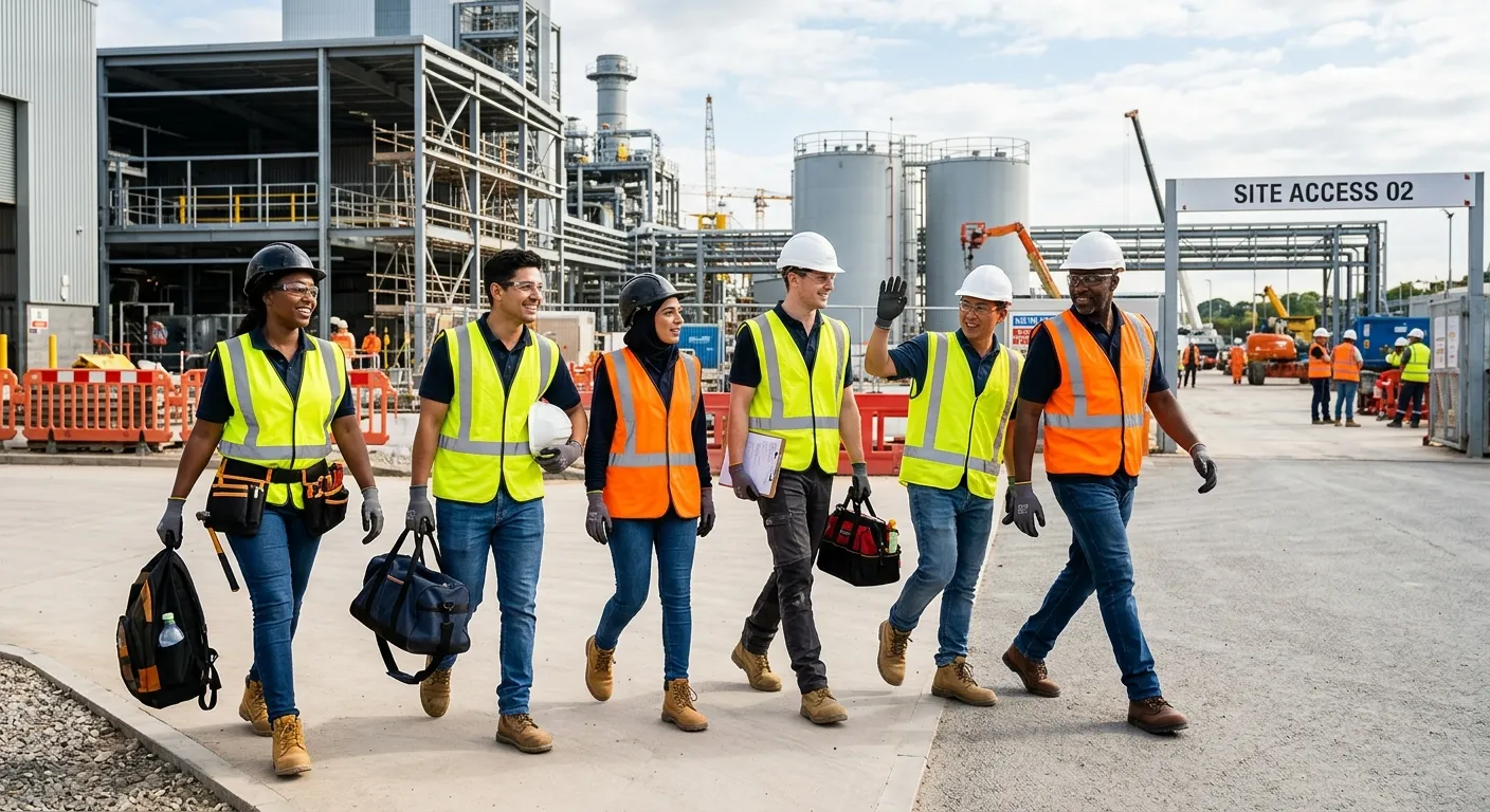 A dynamic, high-energy hero image showing a diverse group of professional temporary workers in high-visibility vests and safety gear, arriving on a modern industrial site. The style should be professional, optimistic, and convey immediate action and reliability.