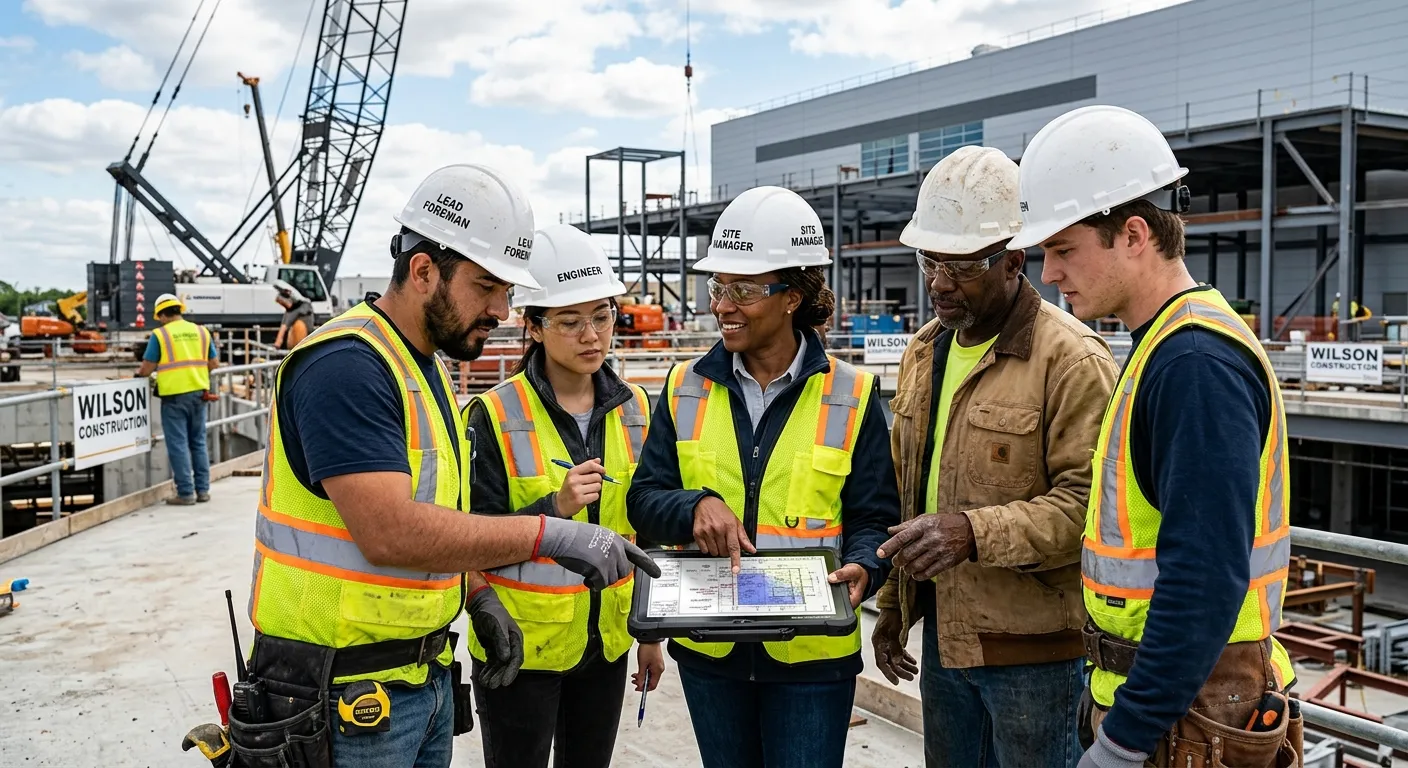 A professional, high-contrast image of a diverse team of construction workers and a site manager reviewing plans on a tablet at a modern industrial site. Focus on collaboration and skilled labour. Style: Realistic, vibrant, with sharp focus on faces and tools. Mood: Professional, efficient, and forward-looking.