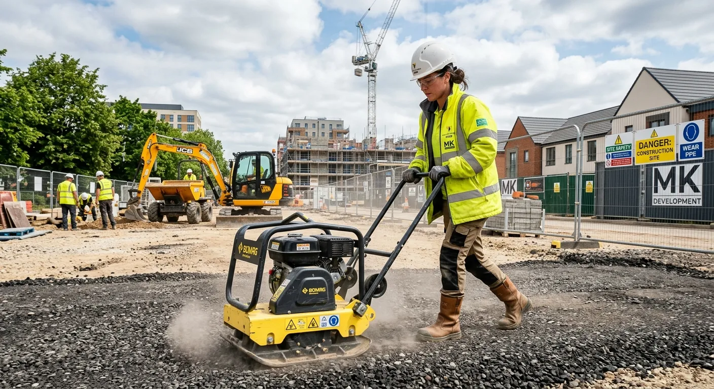 A professional, high-energy photo of a skilled groundworker in full PPE (hard hat, hi-vis vest, safety boots) operating a wacker plate on a well-organised construction site in Milton Keynes. The image should convey professionalism, activity, and modern construction practices.