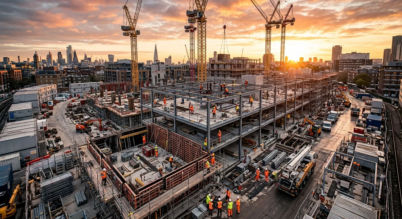 A dynamic, high-angle shot of a busy, modern UK construction site at sunrise. Workers in hi-vis vests are engaged in various tasks, with cranes and scaffolding in the background. Style: Professional, inspiring, and high-contrast. Mood: Productive, strategic, and industrious.