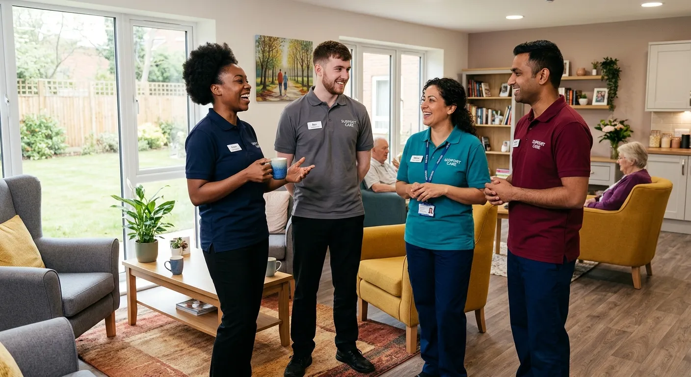A diverse group of four support workers in casual uniforms, smiling and talking together in a comfortable, modern communal area of a supported living facility.