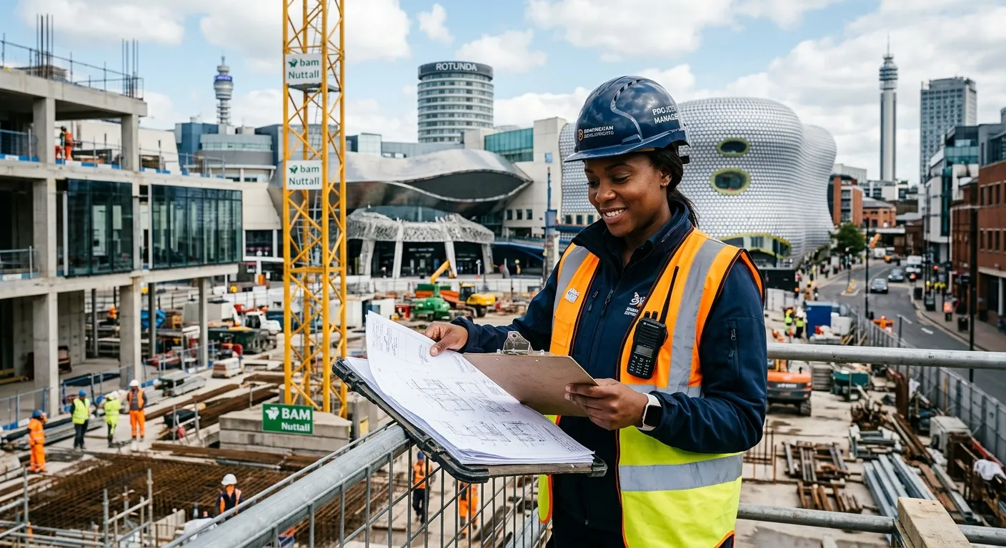 A professional, confident Project Manager in a high-visibility vest and hard hat, reviewing plans on a modern construction site in Birmingham city centre, with iconic buildings like the Bullring in the background. Professional, aspirational mood.