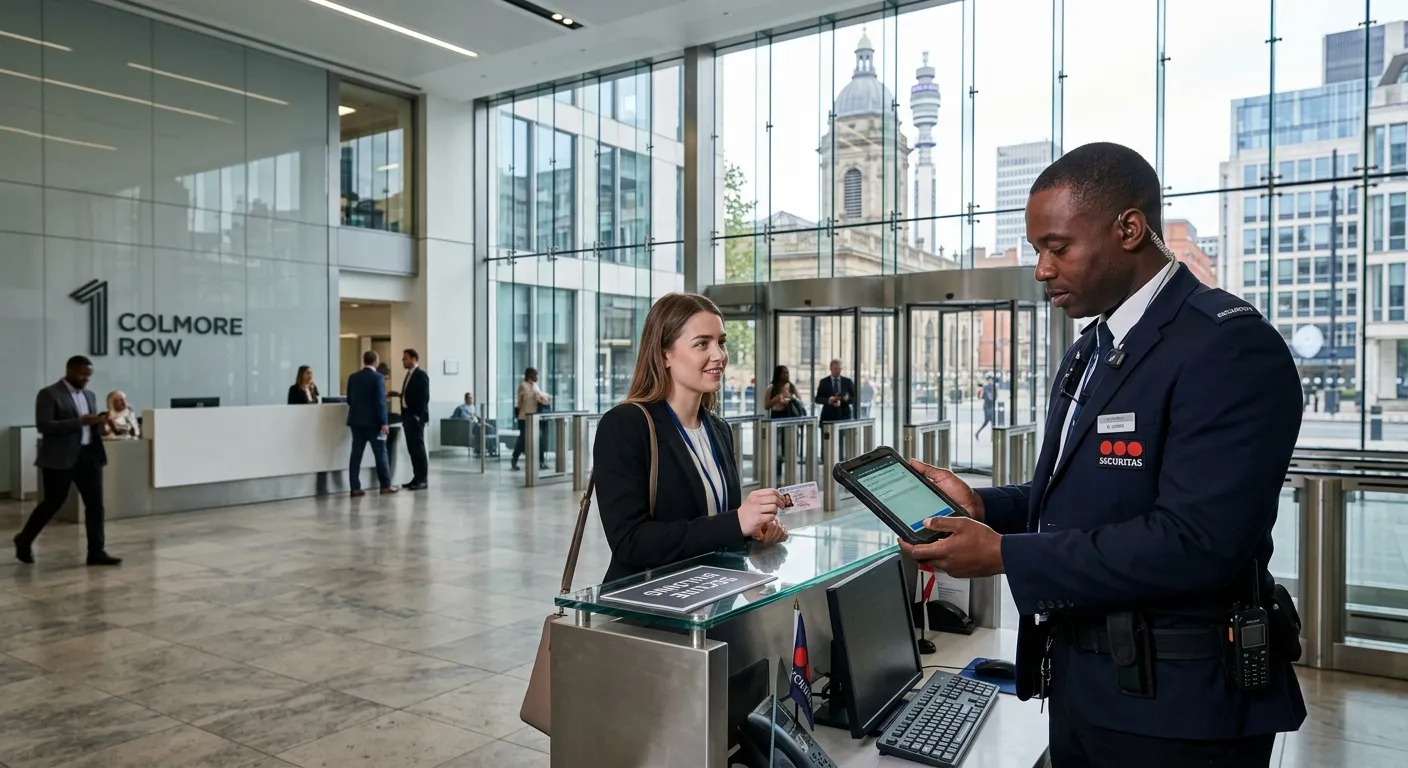 A professional security guard in uniform monitoring a sleek, modern office building lobby in Birming... A professional security guard in uniform monitoring a sleek, modern office building lobby in Birmingham, checking a visitor's ID on a tablet.