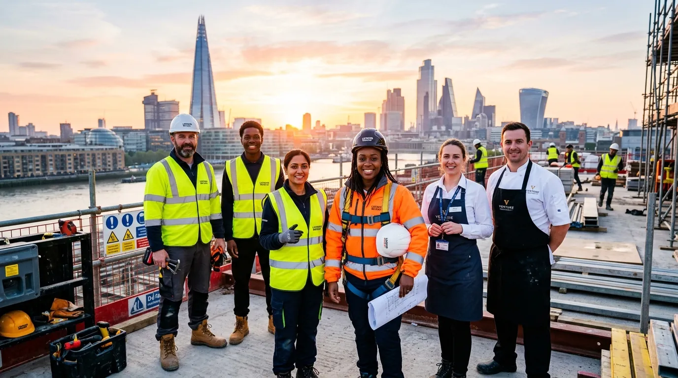 A dynamic, professional hero image showing a diverse team of skilled workers (construction, warehous... A dynamic, professional hero image showing a diverse team of skilled workers (construction, warehouse, hospitality) gathered on a modern London construction site or event venue at sunrise, with iconic London skyline (like The Shard) softly in the background. Style: professional, vibrant, and action-oriented.
