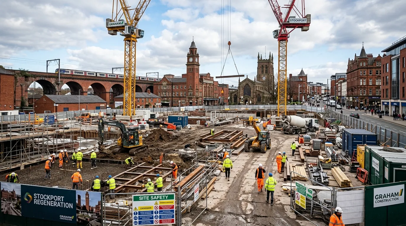 A wide-angle photograph of a bustling construction site in Stockport town centre, showing a mix of m... A wide-angle photograph of a bustling construction site in Stockport town centre, showing a mix of modern cranes and historic buildings in the background, with labourers actively moving materials and working on groundworks.
